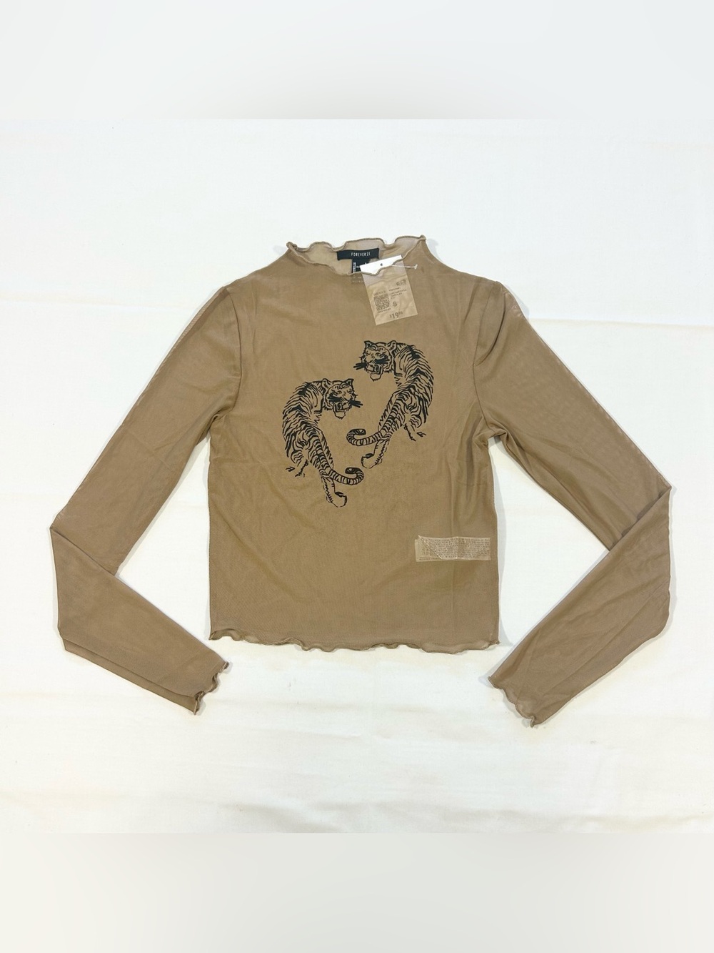 NWT Forever 21 Womens Small Baby Tee Sheer Mesh L/S Crop Top Tiger Toast Taupe